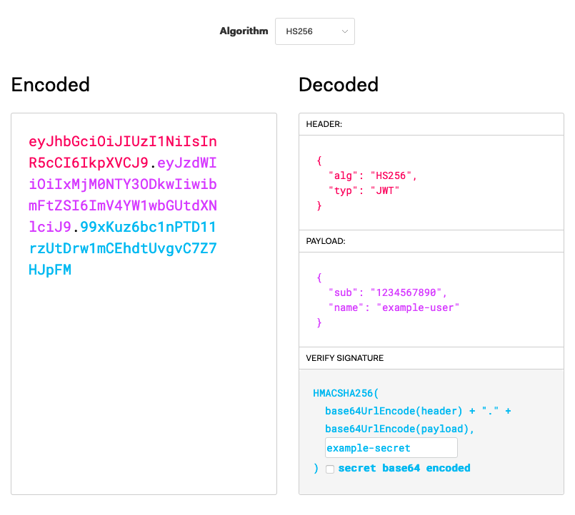 Encoding example on the JWT.IO debugger