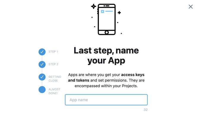 Twitter developer portal: create new project form with new app name text field highlighted