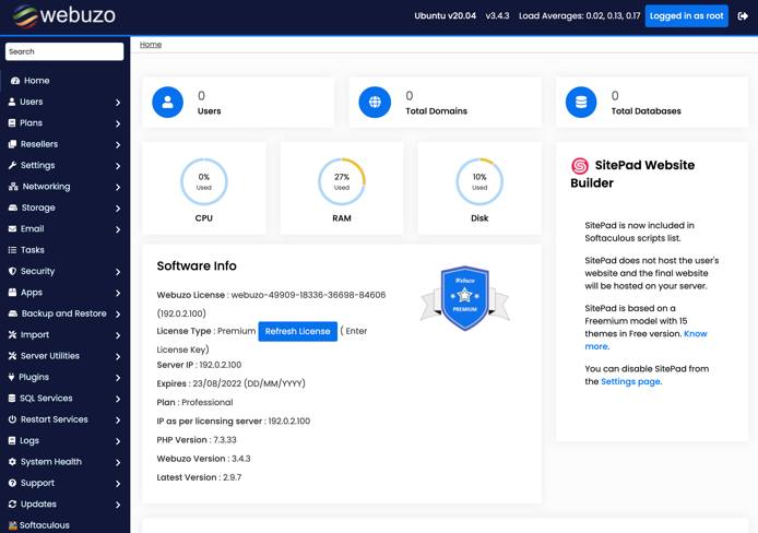 Webuzo Admin Panel